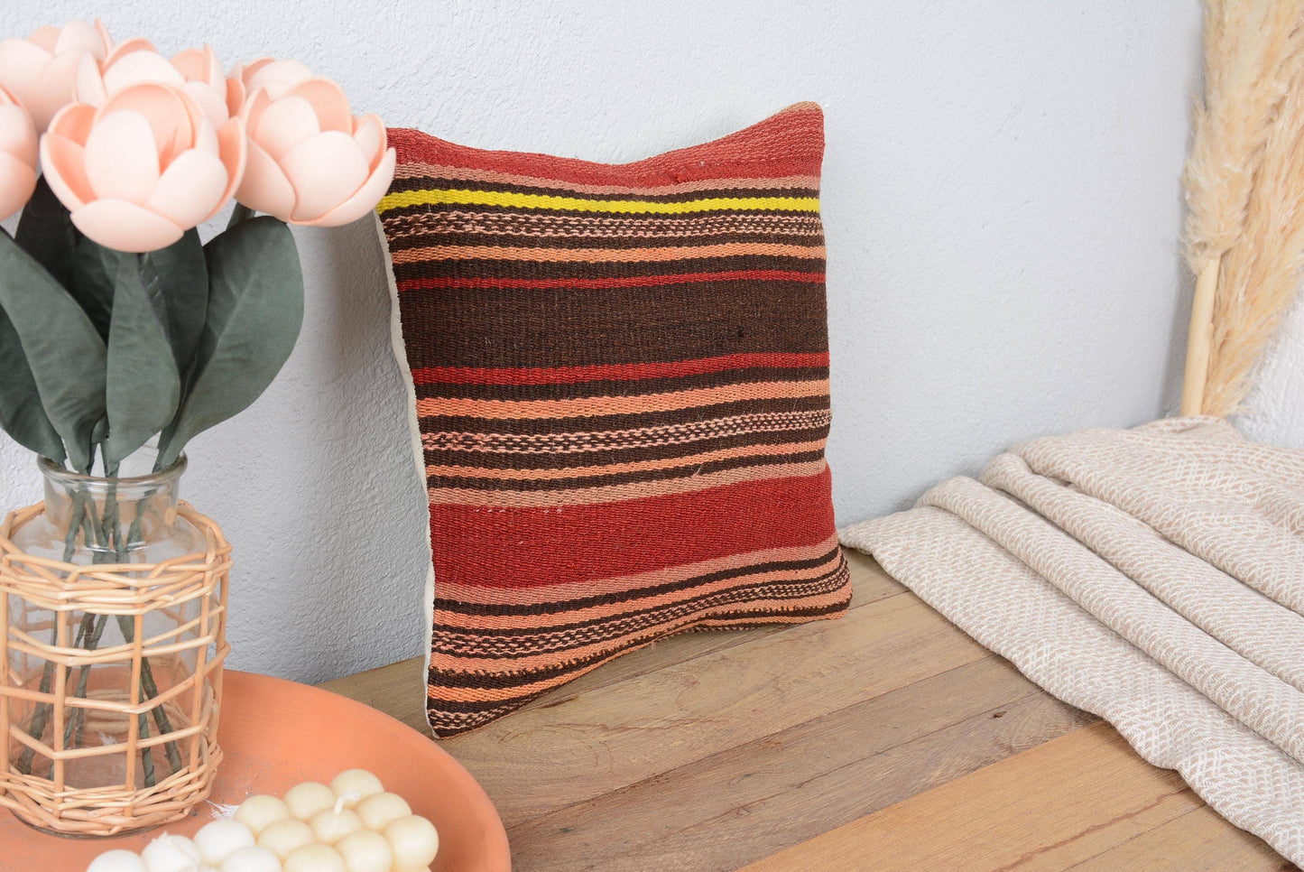 Handmade Turkish Kilim Pillow, Vintage Handwoven Striped