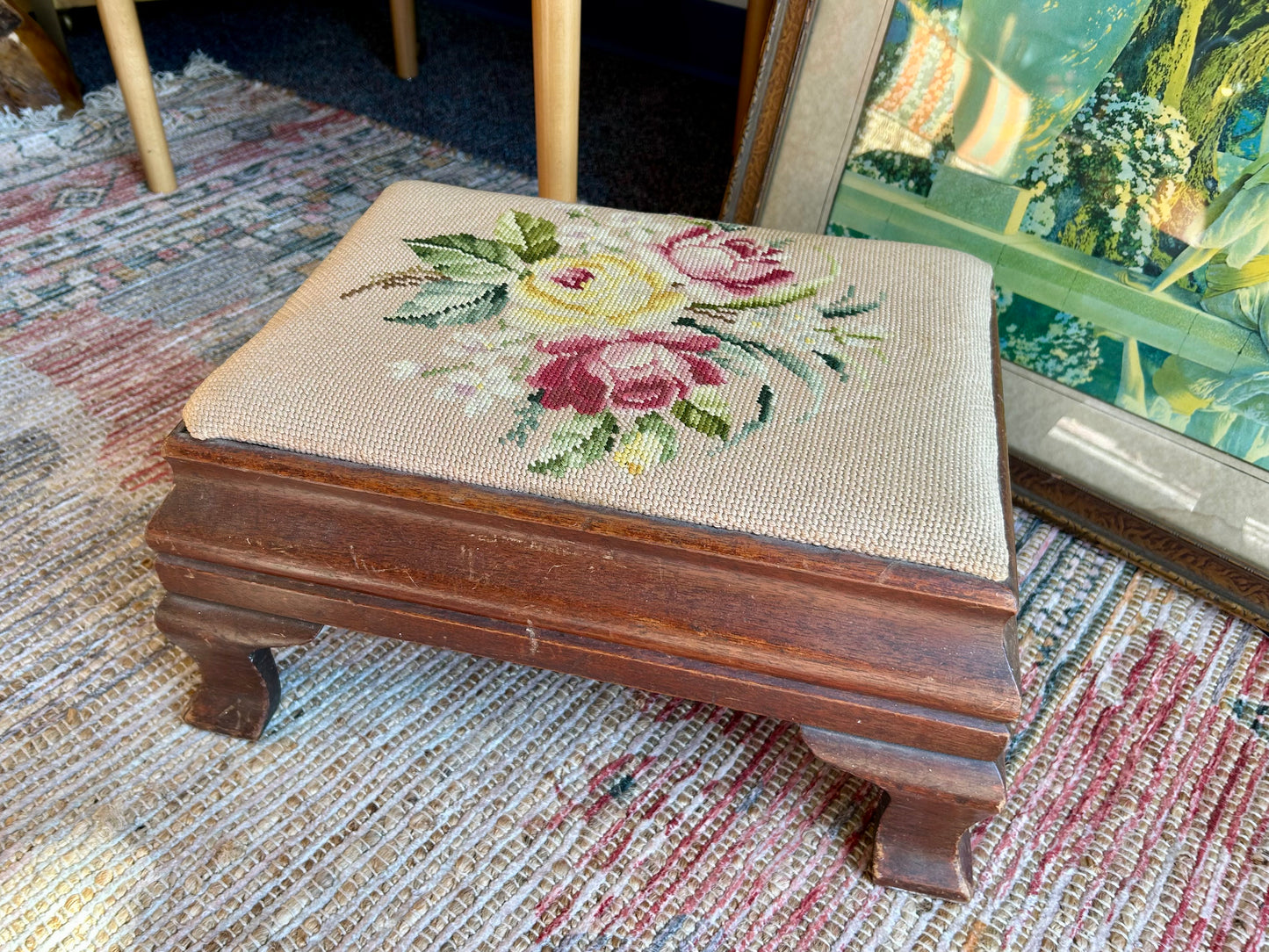Floral Needlepoint Footstool