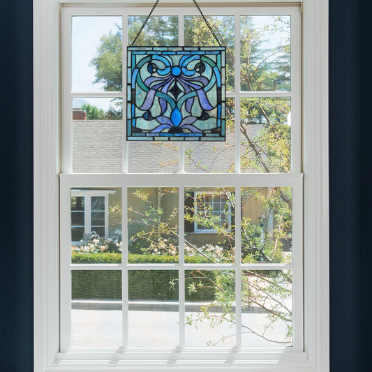 12"H Ilsa Blue, Purple & Green  Stained Glass Window Panel