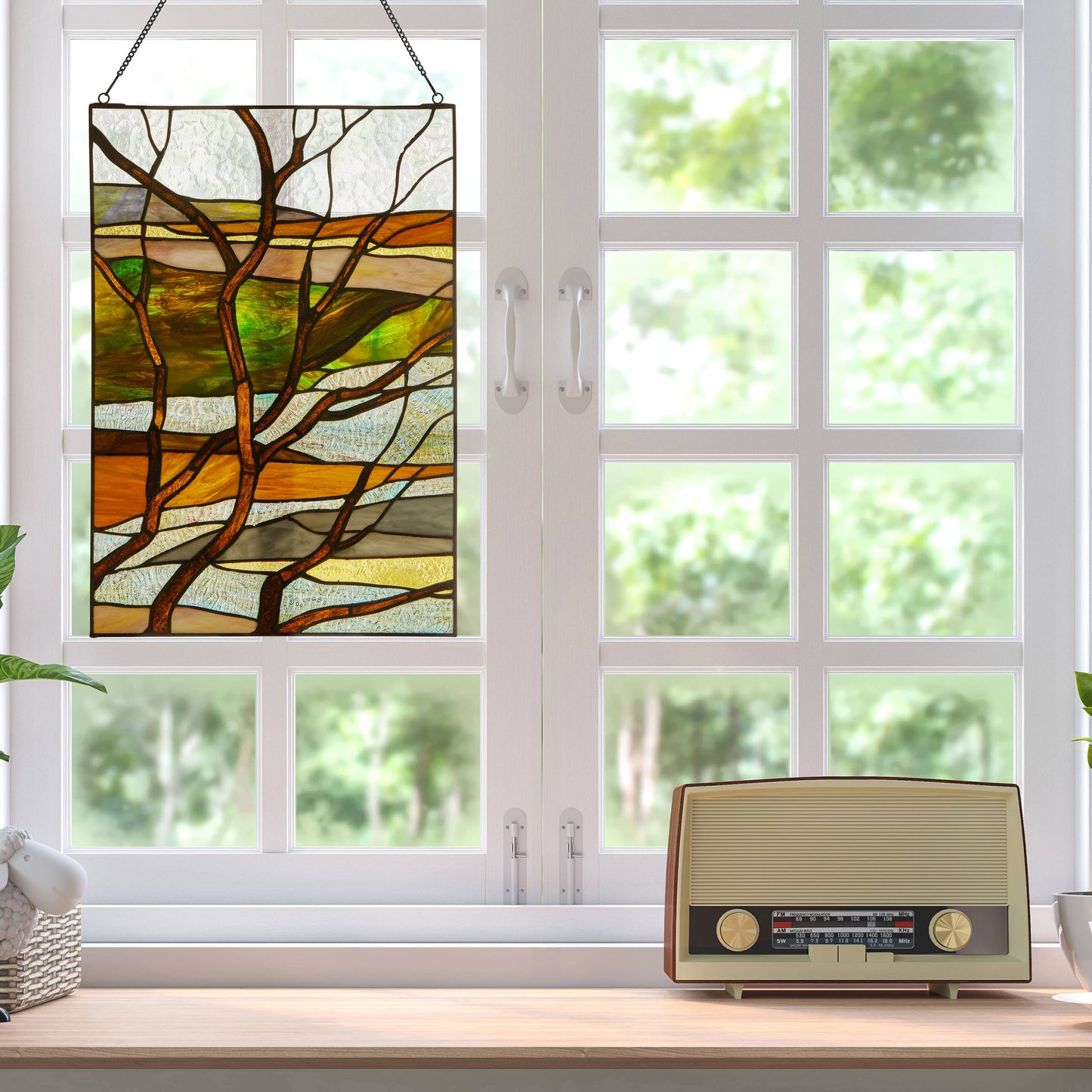 20"H Fall Treescape Stained Glass Window Panel