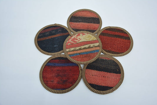 Rug Coaster Tea Pad Set of Six Vintage Washable Striped