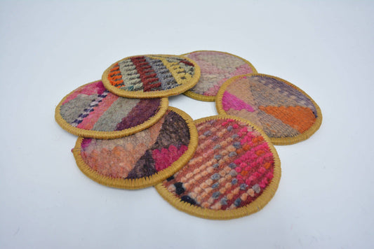 Round Vintage Tribal Rug Coaster Set, Non Slip, Washable