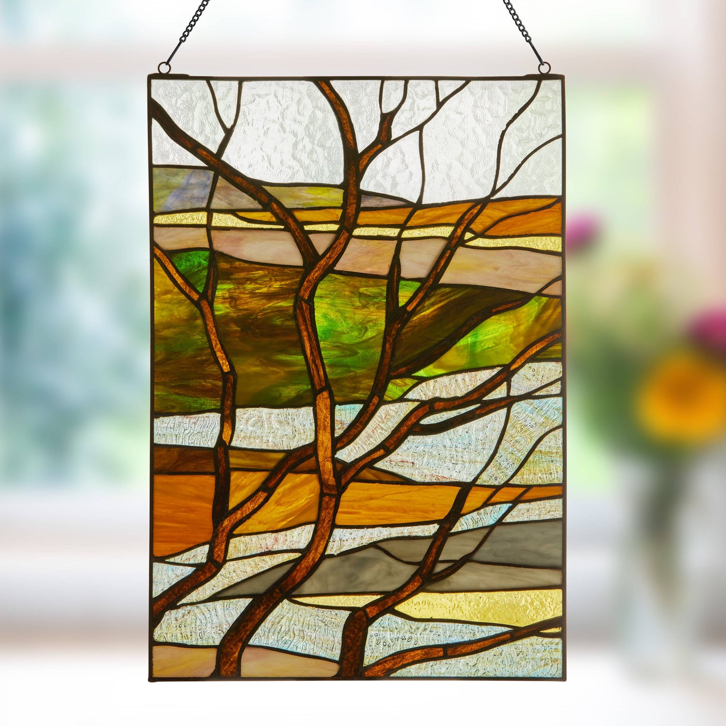 20"H Fall Treescape Stained Glass Window Panel