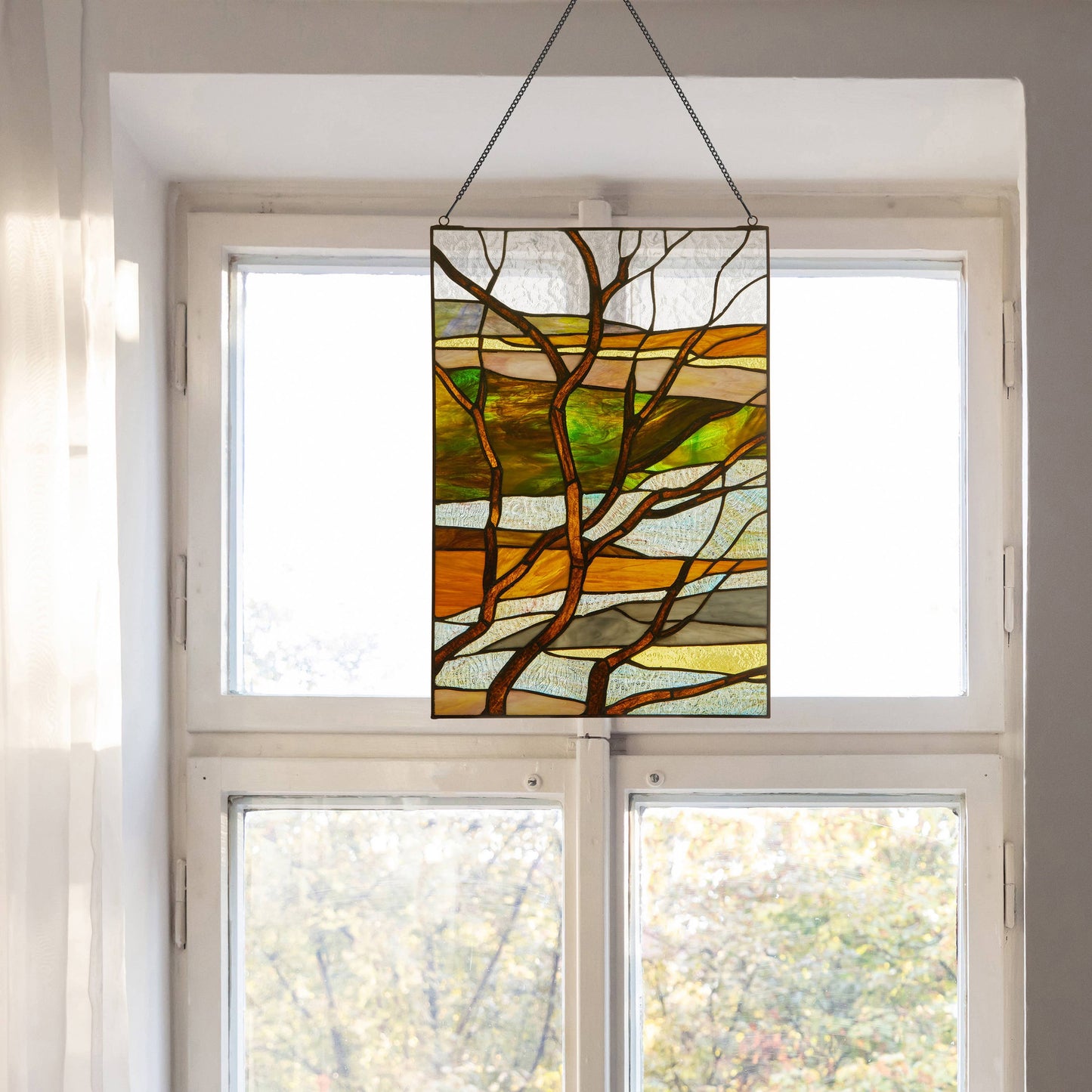 20"H Fall Treescape Stained Glass Window Panel