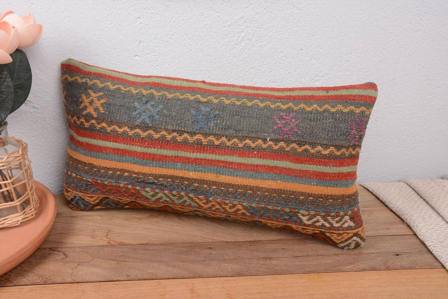 Kilim Boho Lumbar Pillow Cover 10x20 Home Decor