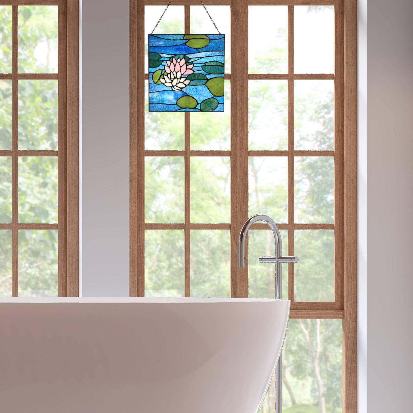 12"H Blue Lotus Pond Stained Glass Window Panel