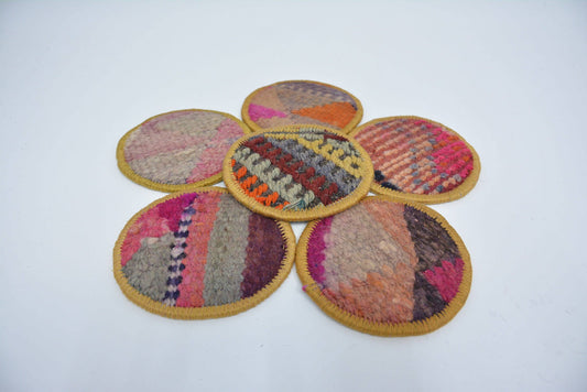 Round Vintage Tribal Rug Coaster Set, Non Slip, Washable