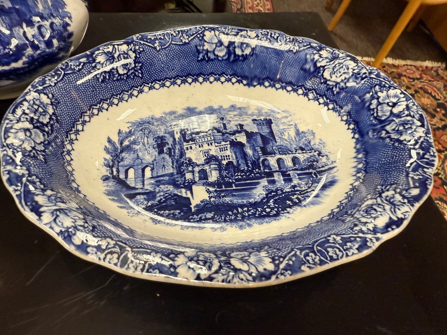 Antique Flow Blue Ironstone Platter – Romantic Castle Scene
