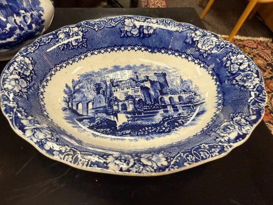Antique Flow Blue Ironstone Platter – Romantic Castle Scene