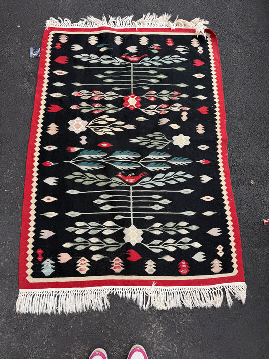 Vintage Black & Floral Kilim