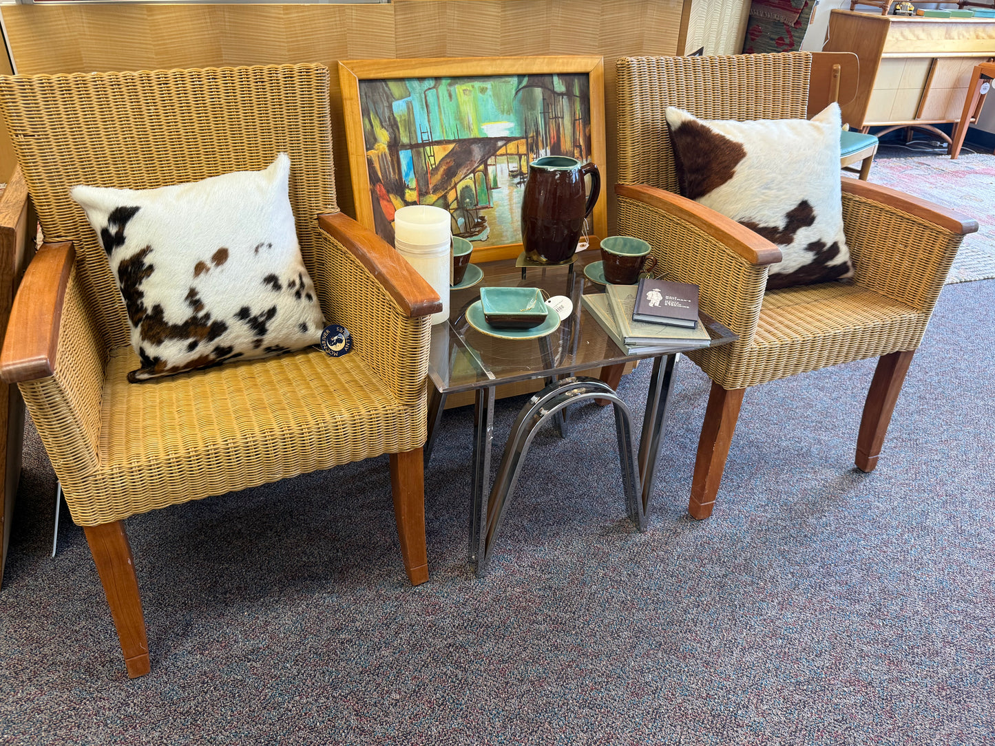 Wicker Chair with Wooden Armrests