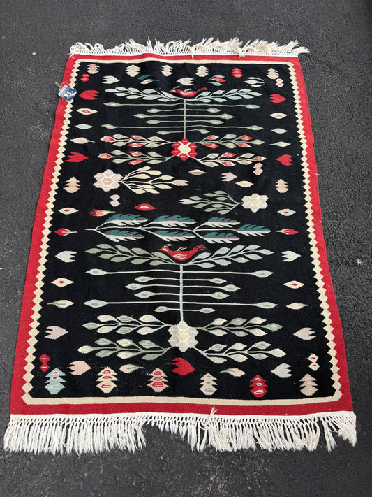 Vintage Black & Floral Kilim