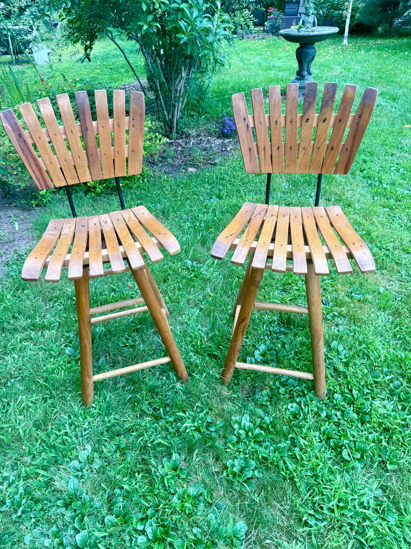Pair of Slat Swivel Bar Stools