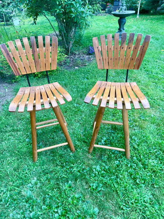 Pair of Slat Swivel Bar Stools