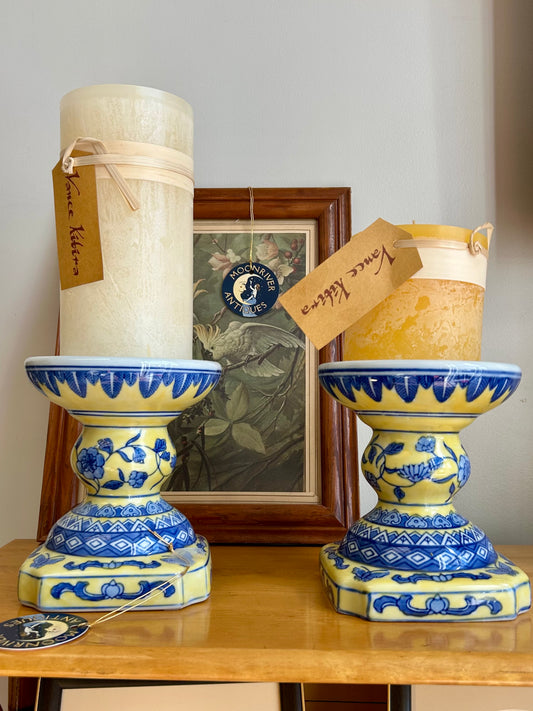Pair Yellow & Blue Asian Pedestals