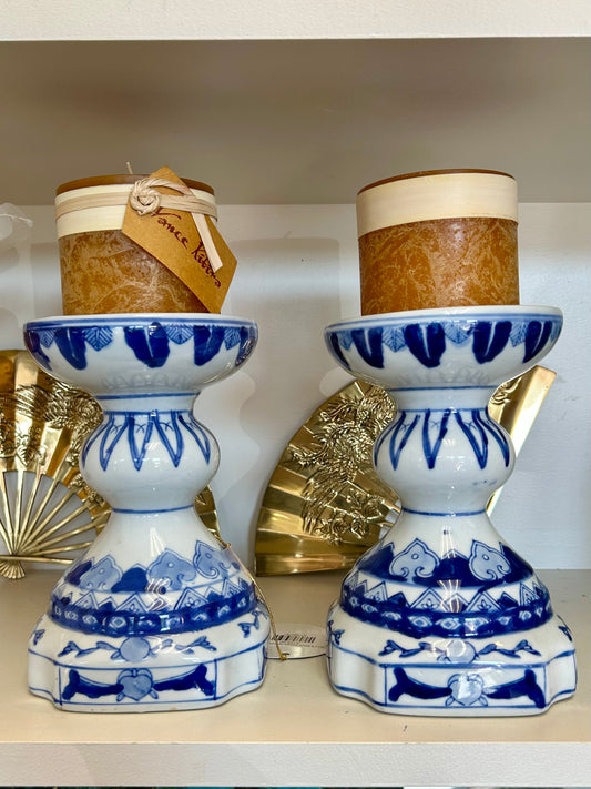 Blue & White Candle Pedestals (Pair)