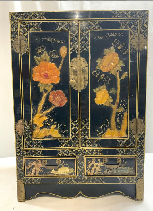 Asian Cabinet W Carved Jade & Painted Detail