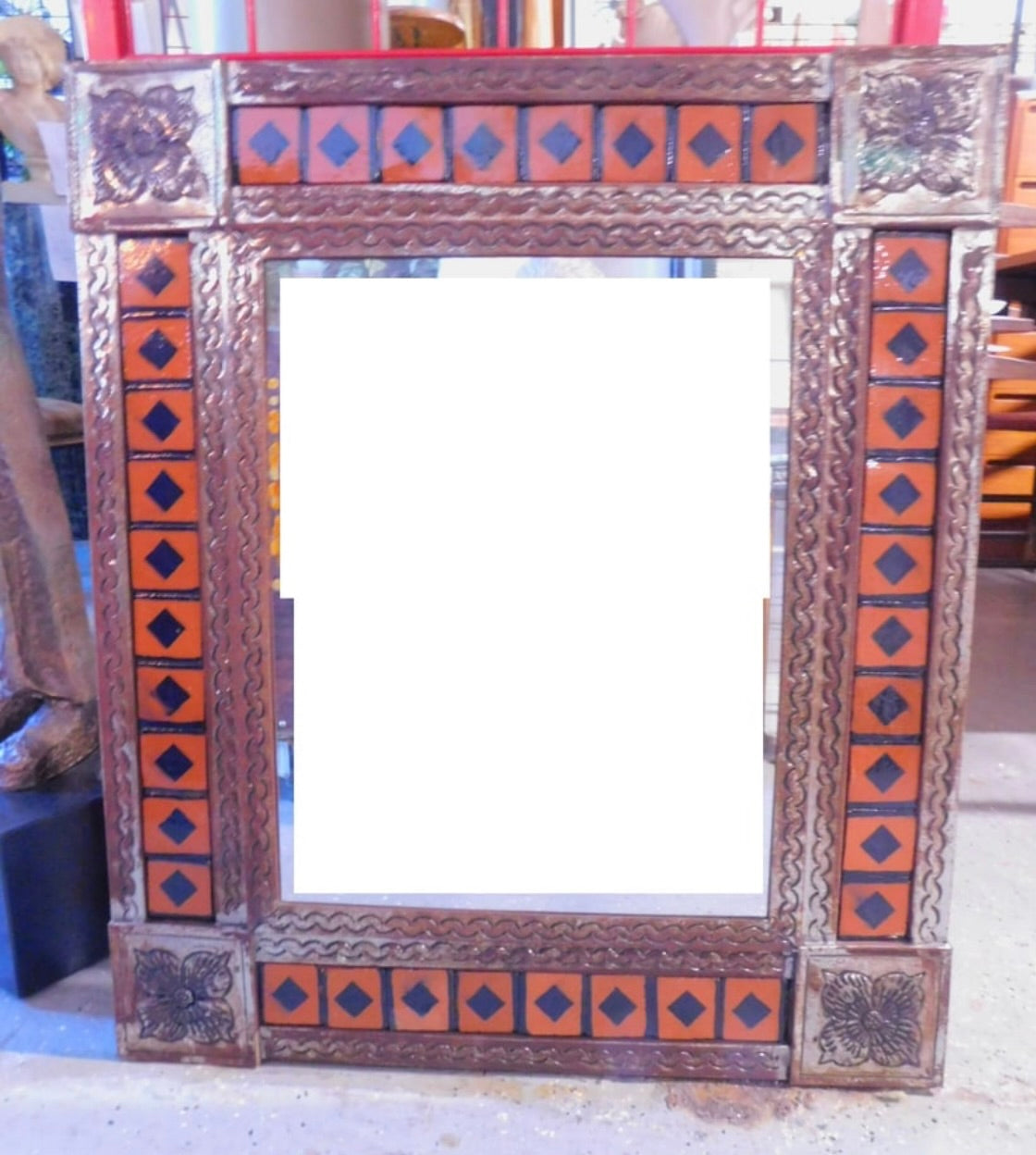Toleware Mirror with Orange Tile