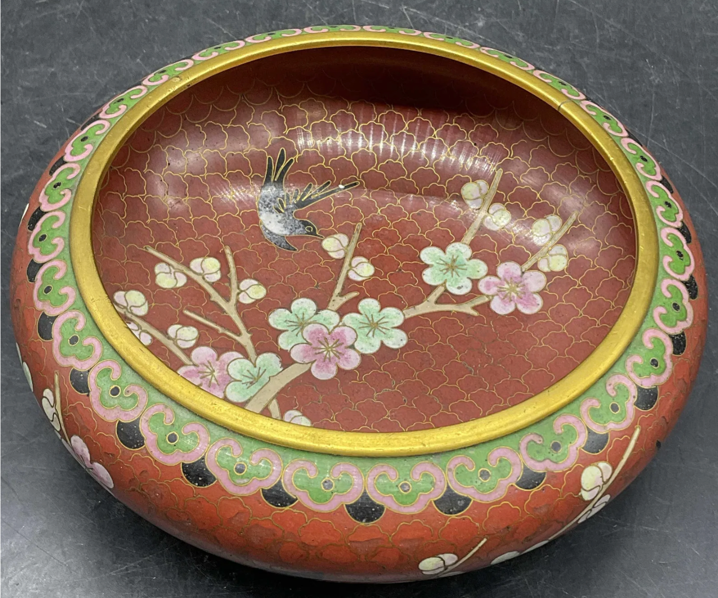 Vintage Asian Cloisonne Floral & Bird Bowl