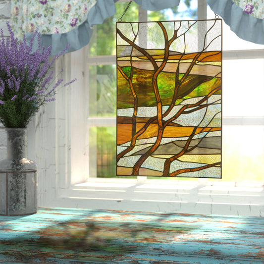 20"H Fall Treescape Stained Glass Window Panel
