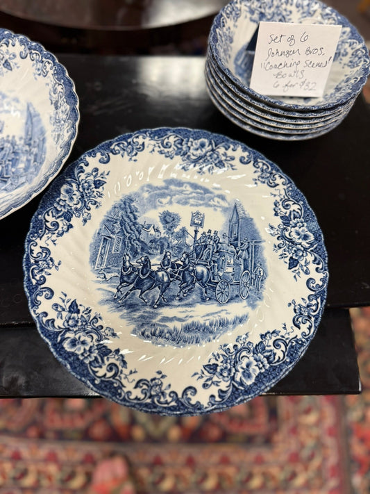 Johnson Brothers "Coaching Scenes" - Blue & White Dinner Plate Set of 6