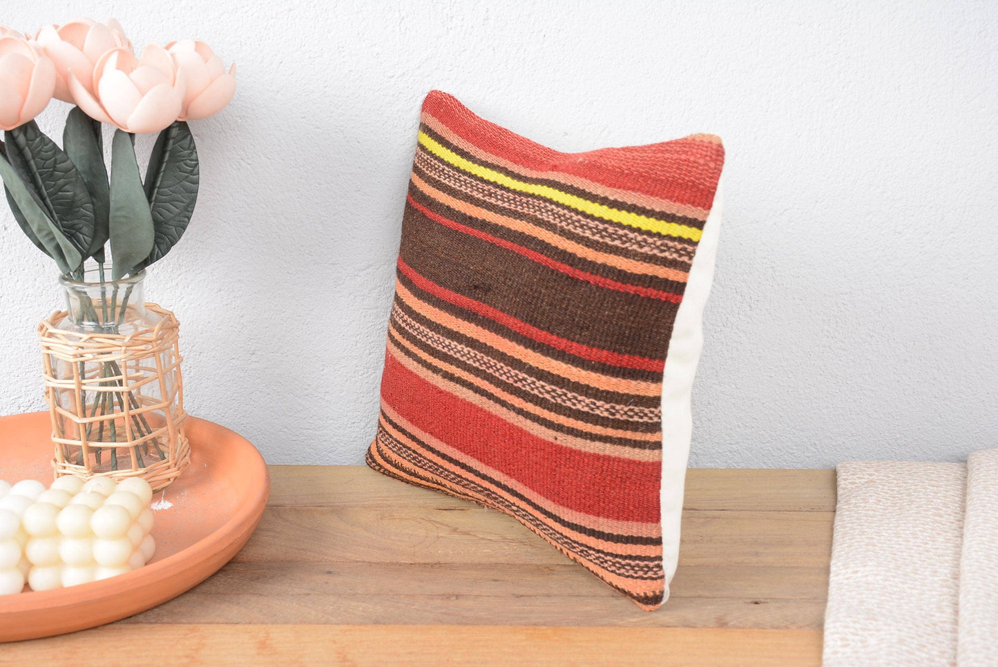 Handmade Turkish Kilim Pillow, Vintage Handwoven Striped
